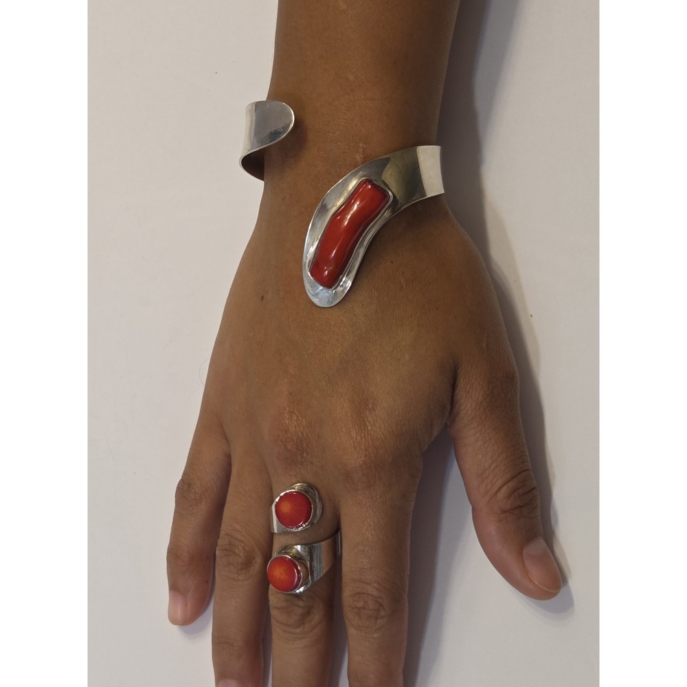 Aaron Rubinstein Original Sterling Silver Red Coral Modernist Jewelry Set Signed